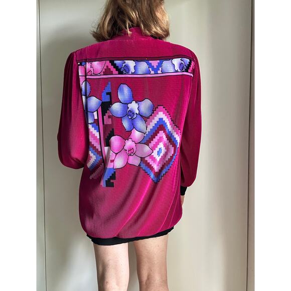 Virginie Paris Floral Micropleated Blouse Pink Made in France Statement SZ L - Picture 7 of 11